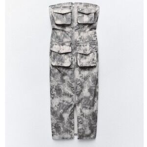 🆕️ NWOT - Zara Womens Grey Acid Wash Cargo Utility Strapless Midi Dress XS